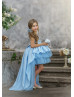 Sky Blue Glitter Tulle Slit Back High Low Flower Girl Dress